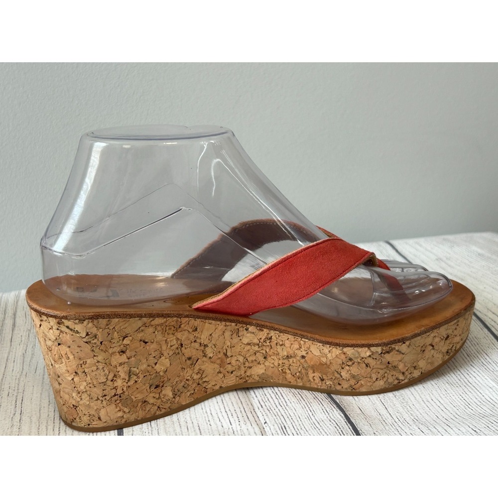 K Jacques St Tropez Diorite Sandals 8 Red Leather Cork Wedge Thong Slip On Boho - Picture 2 of 13